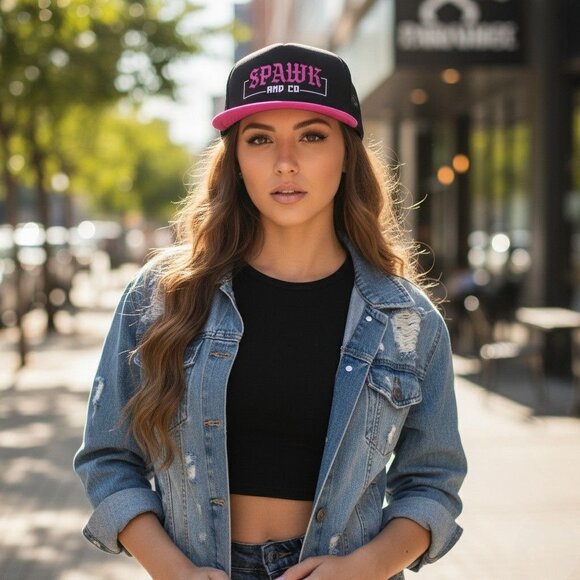 Spawk And Co Womens Black Mesh Trucker Hat With Sassy Pink Brim Adjustable Snapb - Picture 3 of 6